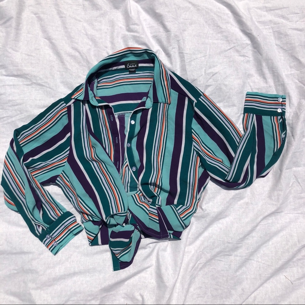 Striped Button-Up Tie-Front Blouse in Teal & Purple